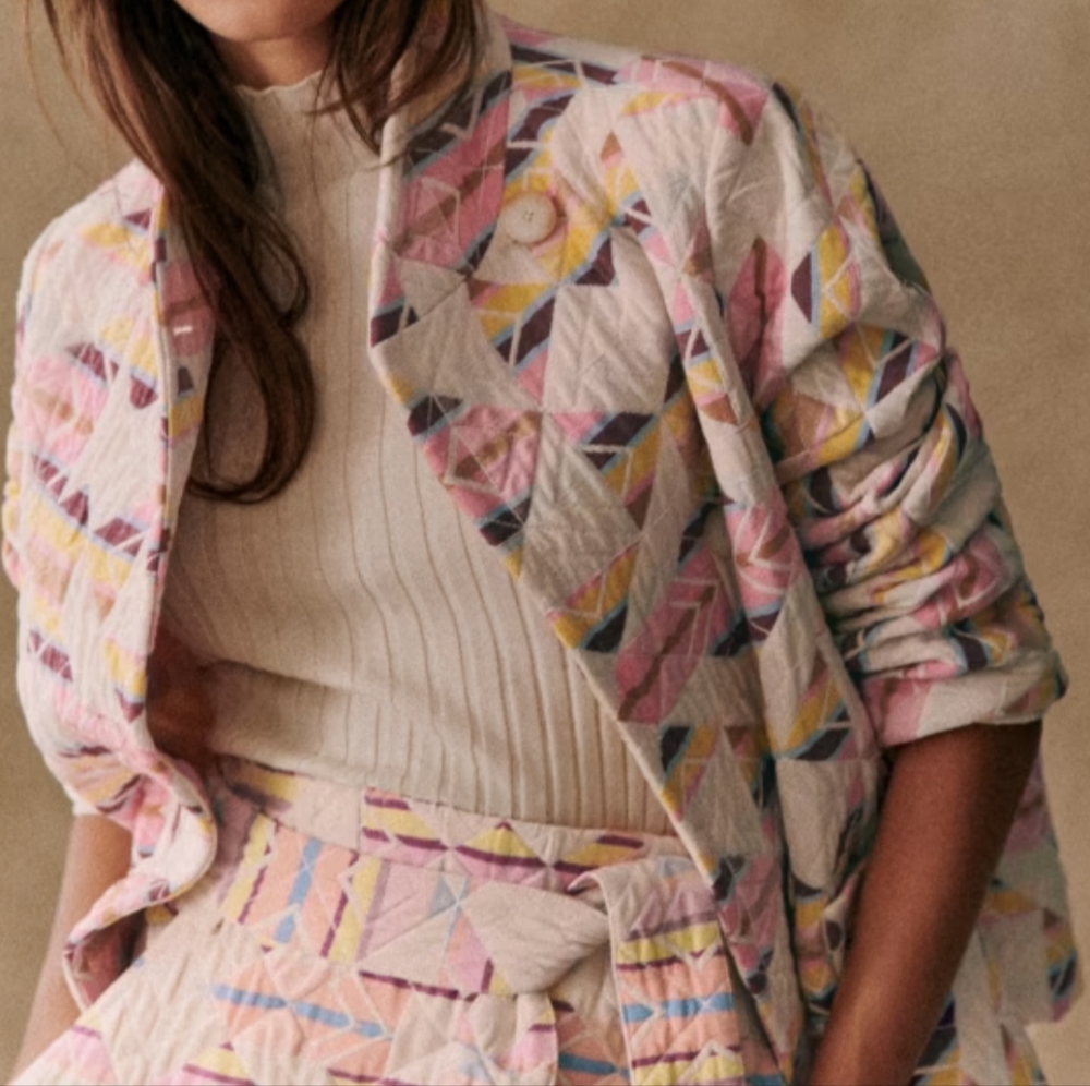 Sezane Kalvin Quilted Coat Blazer Button Jacket Patchwork Lined